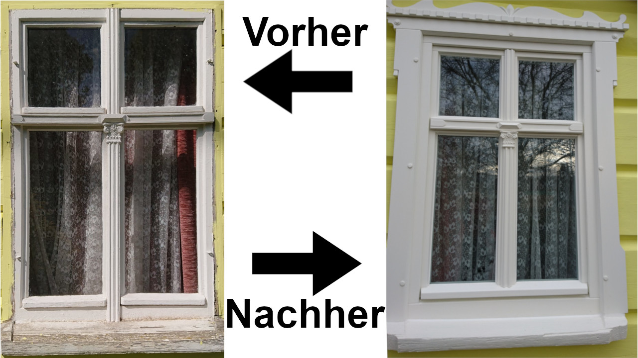 Fenster mit angedeuteter Zweiflügligkeit in einer Blockstube